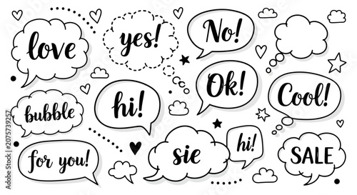 Illustrated Speech Bubbles with Words and Decorative Elements.