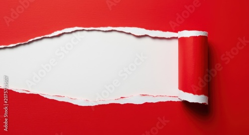 Dynamic background features bright scarlet paper dramatically ripped open, exposing pure white surface beneath the torn edge detail, surface, border, bright