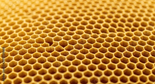 A highly detailed macro photograph emphasizing the beautiful, uniform, golden hexagonal structure and repetitive pattern of a natural honeycomb, honeycomb, close-up, yellow
