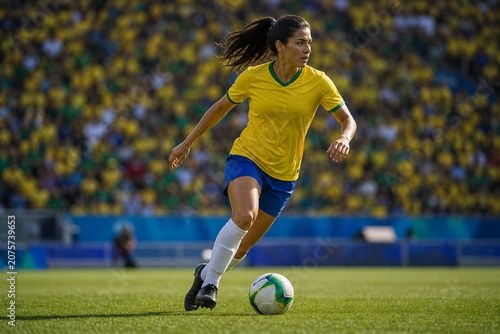 Tapety artystyczne 黄色いユニフォームでドリブルする女性選手