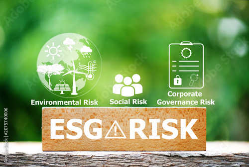 Tableau sur toile ESG Risk text on wood and icons on natural background