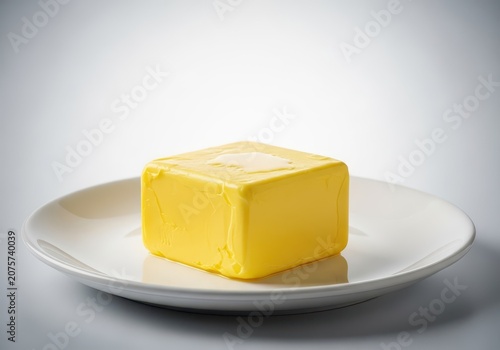 Square pat of cold yellow butter melting slightly on a plain white ceramic serving plate, ready for breakfast toast, fresh, eating, rich