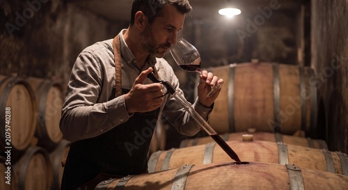 Winemaker carefully tasting red wine from a barrel using a wine thief in a traditional cellar