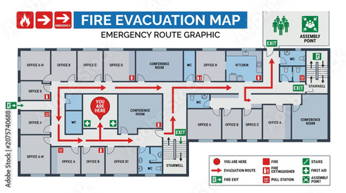Fire Evacuation Map Emergency Exit Route for Office Building Interior Floor Plan