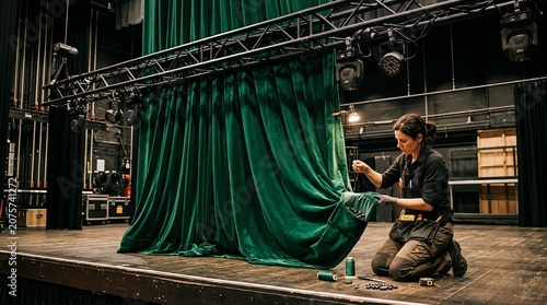 Stage Crew Preparing Green Curtain for Theater Performance.