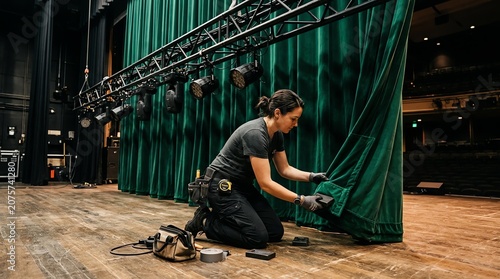 Stage Crew Member Preparing Theater Curtain for Performance.