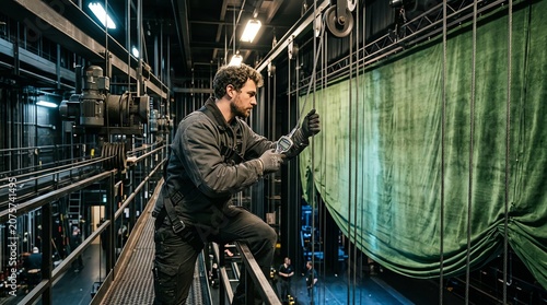Technician Working on Large Green Theater Curtain in Stage Environment.