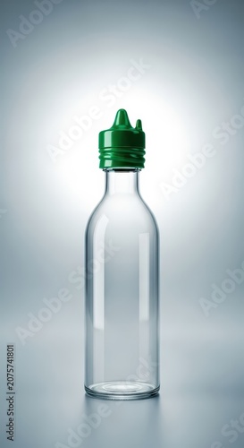 Clear glass bottle featuring a vibrant, securely fitted emerald green cap, symbolizing freshness, eco-design, sustainability, and quality, isolated, health, freshness