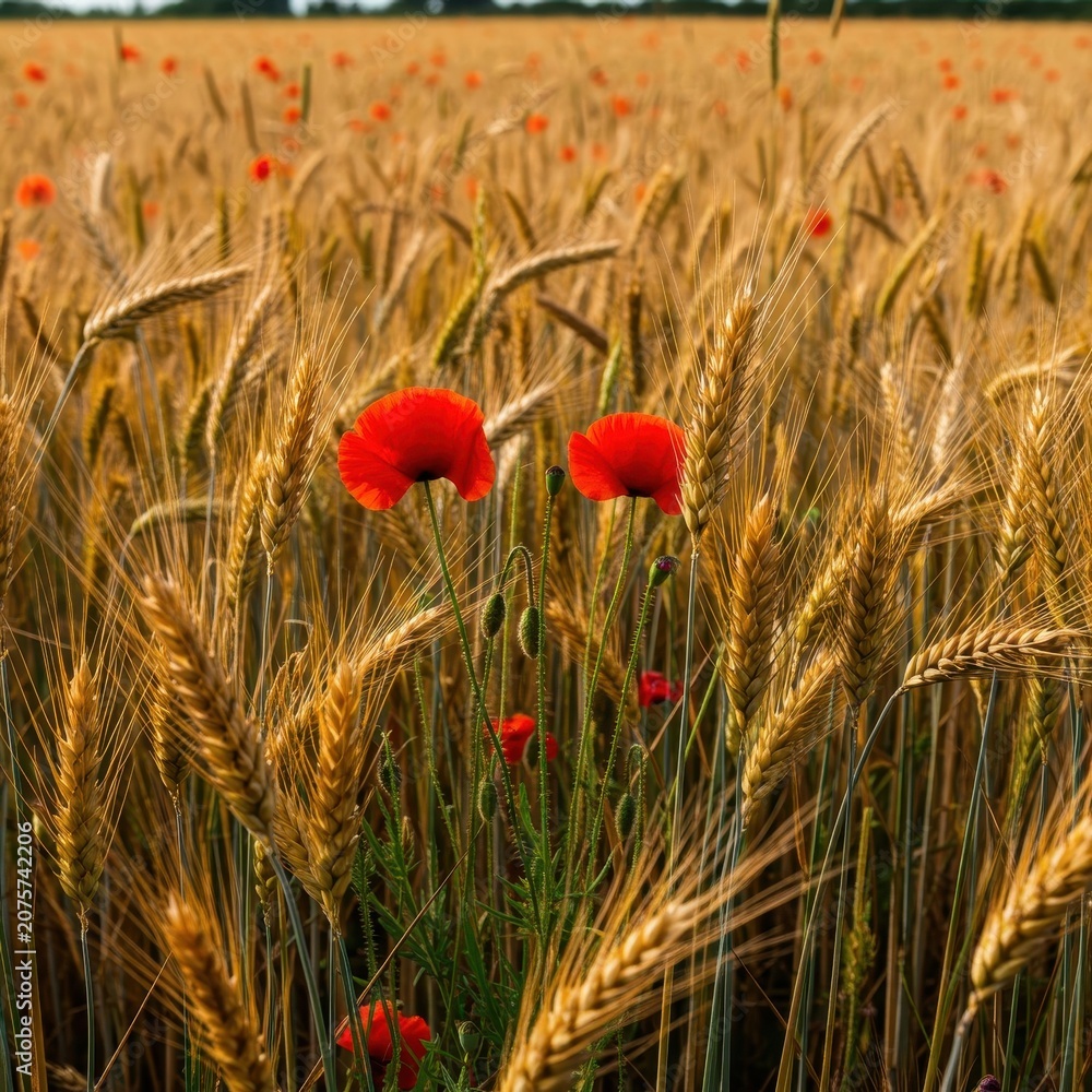 Fototapeta premium Summer agricultural landscape featuring vibrant wild red poppies and delicate wildflowers amidst ripening golden barley stalks in a sunny field, stalk, plant, field
