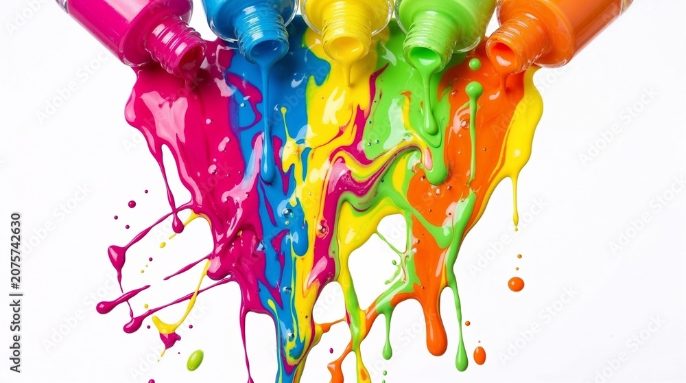 Fototapeta premium Vibrant Paints In Colorful Bottles Creating An Artistic Splash On A White Background