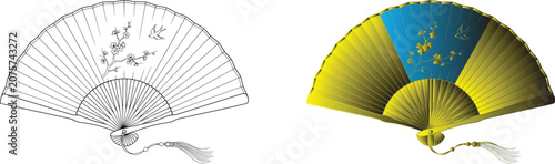 Elegant asian folding fans with bird and blossom designs line art and color versions