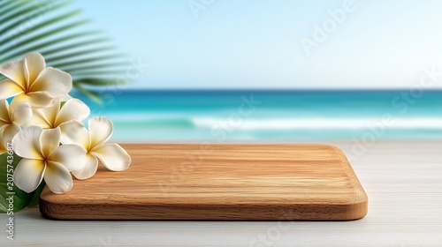 Empty wooden podium with white plumeria flowers on blurred tropical beach and turquoise ocean background