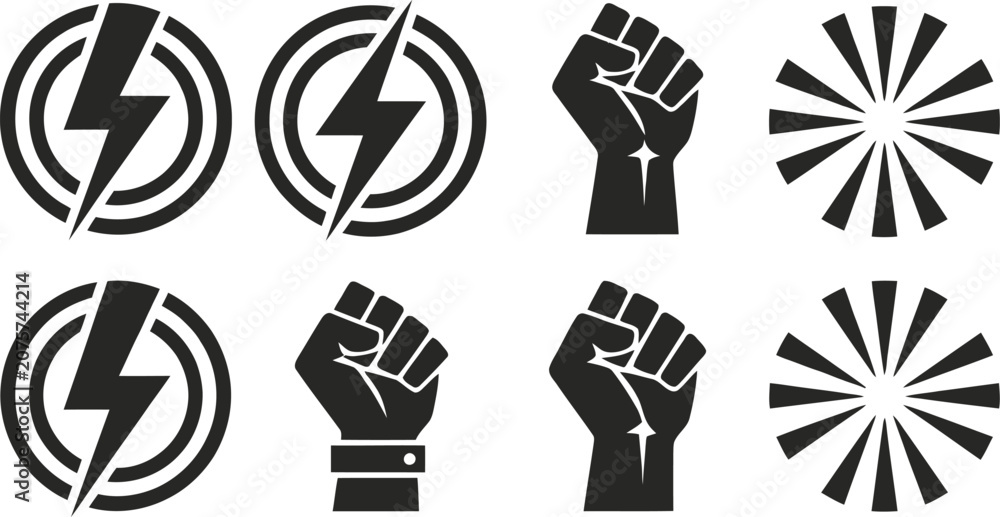 Fototapeta premium Black protest icons with fists and lightning bolts
