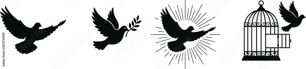 Fototapeta premium Black silhouettes of doves flying and in cage