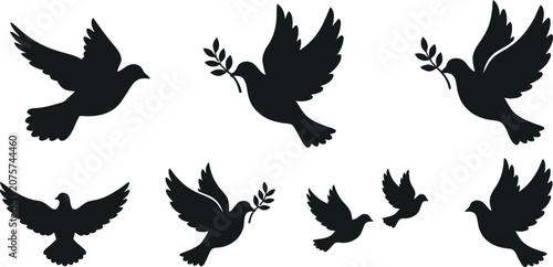 Konstfotografi Black silhouettes of flying doves with olive branches