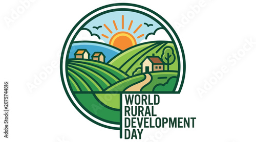 Tablou pe pânză Rural Landscape Illustration With Sun And Fields Vector Graphic