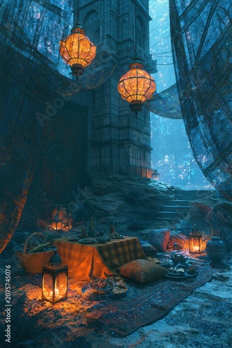 A surreal nocturnal urban forest sanctuary transforms into a dreamlike picnic scene under a towering architectural structure. Velvet textures and metallic glow mingle with velvet-blue atmosphere and