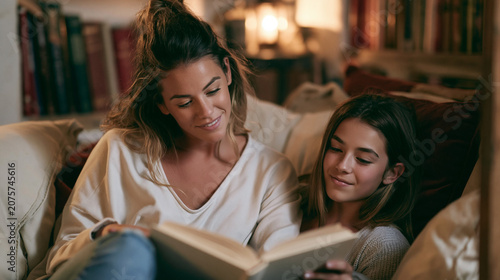 Mother and daughter reading a book together on a cozy couch at home, spending quality family time