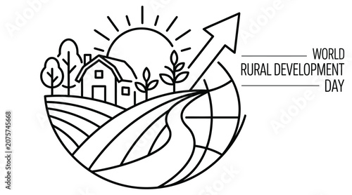 Tablou pe pânză Rural landscape with rising sun and growth arrow black line illustration