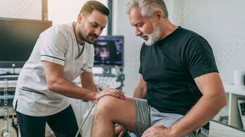 Doctor examining patient's knee, providing physiotherapy and ultrasound for injury treatment and rehabilitation