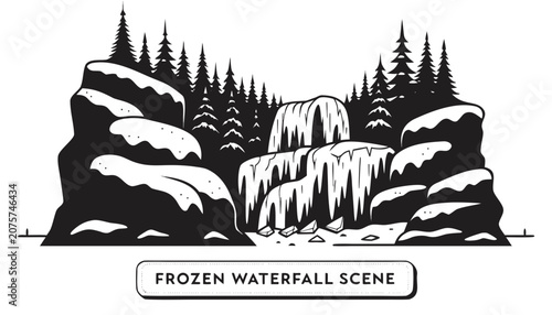 Fotografía Very beautiful black and white vector of a FROZEN WATERFALL SCENE with a bold la