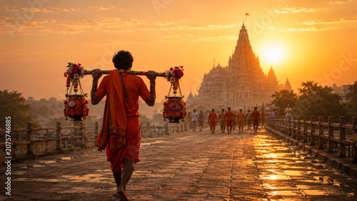 A back view of a saffron clad hindu pilgrim carrying a decorated kanwar pole with holy water towards a temple at golden sunset during the annual kanwar yatra pilgrimage festival in india.