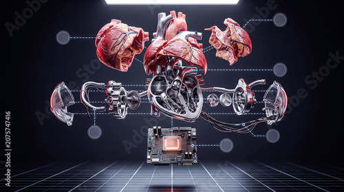 Exploded diagram of cybernetic heart metal gears human tissue and AI chip.