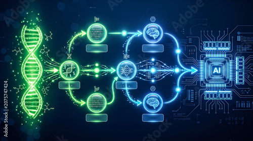 Neon glowing DNA helix transforming through neural networks into a central AI microchip.