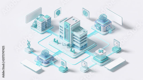 White 3D isometric smart clinic integrated with artificial intelligence databases and genetics.