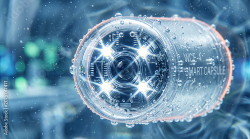 Close up of an advanced endoscopic pill camera with glowing lights in water.