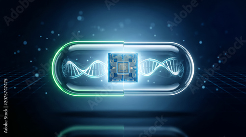 Glowing transparent medical pill with DNA helix and AI microchip