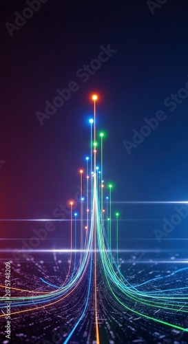 Abstract visualization of future planning and strategic goals emerging from complex digital data streams and analytical systems, technology, abstract, connection