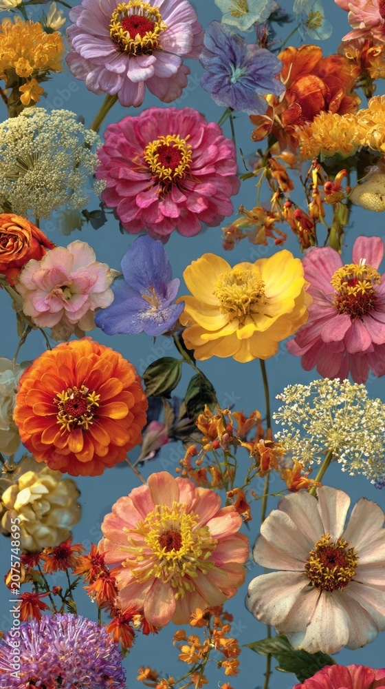 Fototapeta premium Vibrant floral arrangement on blue.