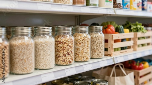 Food pantry donation sorting shelf with unbranded staples and fresh produce crates