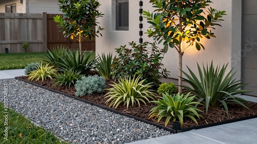 Water wise front yard xeriscape with drip irrigation and drought tolerant plants