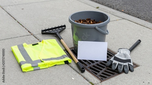 Storm drain cleanup kit with rake, gloves and blank block map