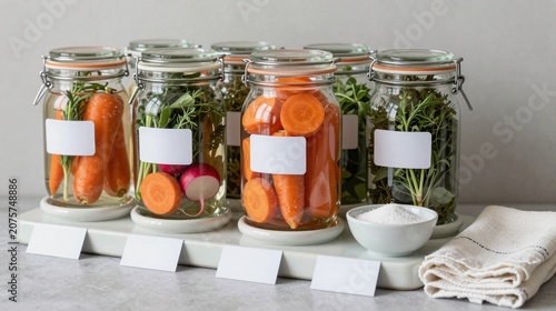 Fermentation prep station with glass jars and blank date tags