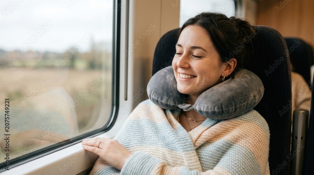 Fototapeta premium Young woman with neck pillow relaxes in train seat while looking out window at countryside