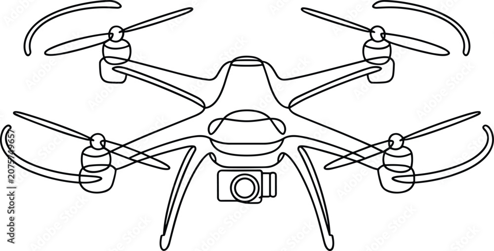Fototapeta premium Continuous one line drawing of flying quadcopter camera drone with landing gear isolated on plain white background