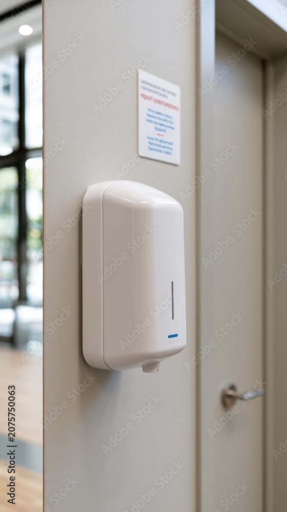 Naklejka premium White automatic hand sanitizer dispenser mounted on wall in modern interior space