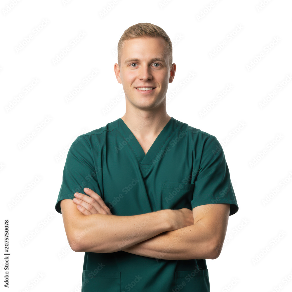 Obraz premium Young caucasian man in dark green medical scrubs standing with arms crossed against a white background, warm friendly smile, professional healthcare atmosphere