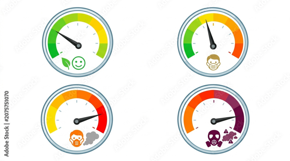 Fototapeta premium Four colorful gauge meters display different levels of environmental impact, health status, pollution, and safety against a clean white background