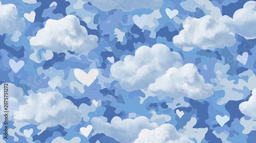 Blue sky camouflage pattern with fluffy clouds and hearts illustration