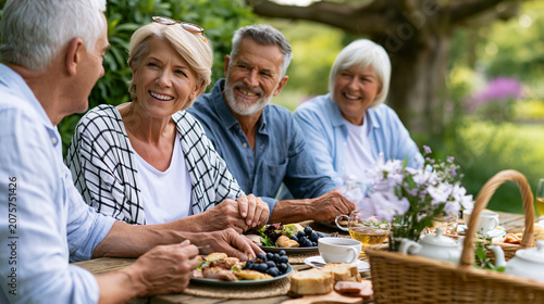 Senior friends enjoying outdoor picnic, sharing a meal and laughing together in a garden setting, celebrating friendship and community