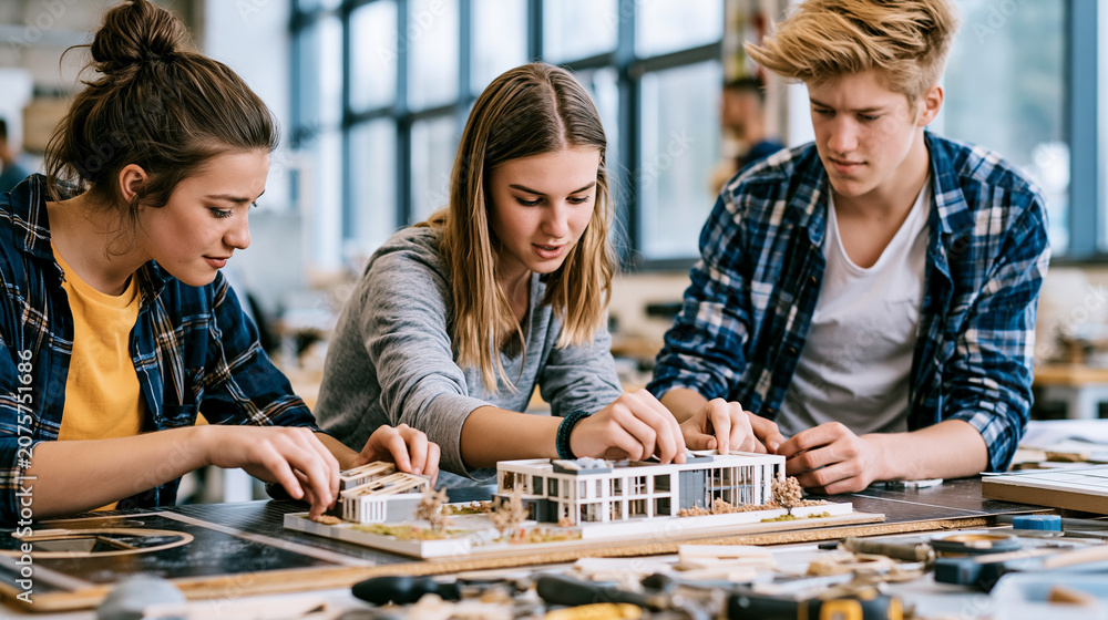 Fototapeta premium Architecture students collaborating on a building model in a design studio, creating an urban project together