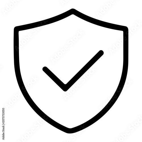 Black outline shield with check mark, minimalist security icon representing verified protection, safety, trust, approval, authentication, and certification badge.