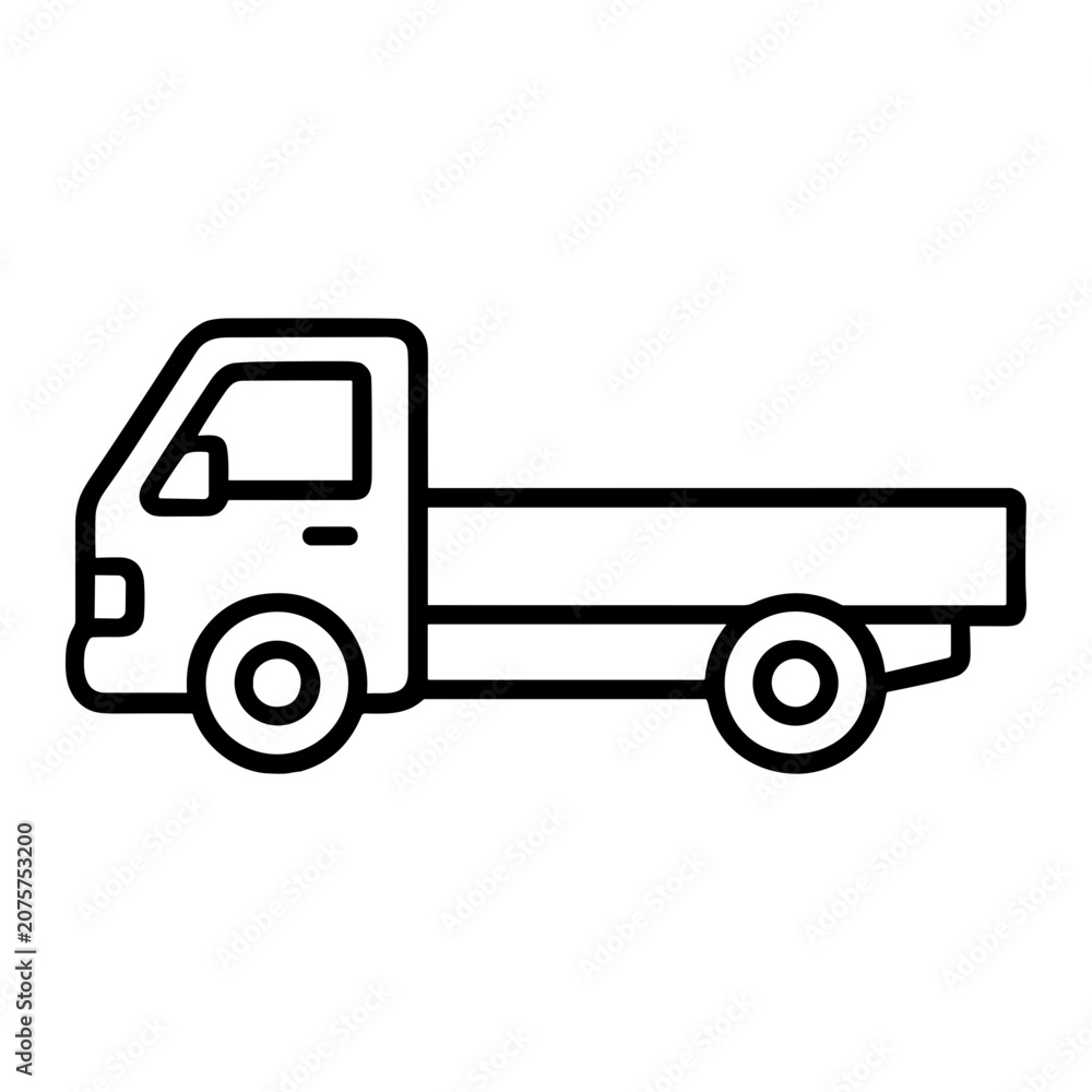 Fototapeta premium Side-view black outline illustration of a flatbed truck icon on a white background, minimal linear design showing cab, wheels, and open cargo bed for delivery.