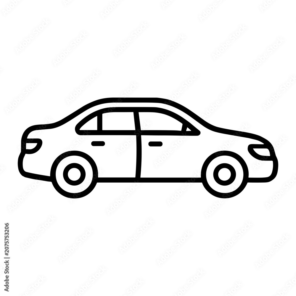Naklejka premium Black-and-white line-art side profile of a four-door sedan car icon showing wheels, doors, windows and simple contours, vector-style automotive illustration