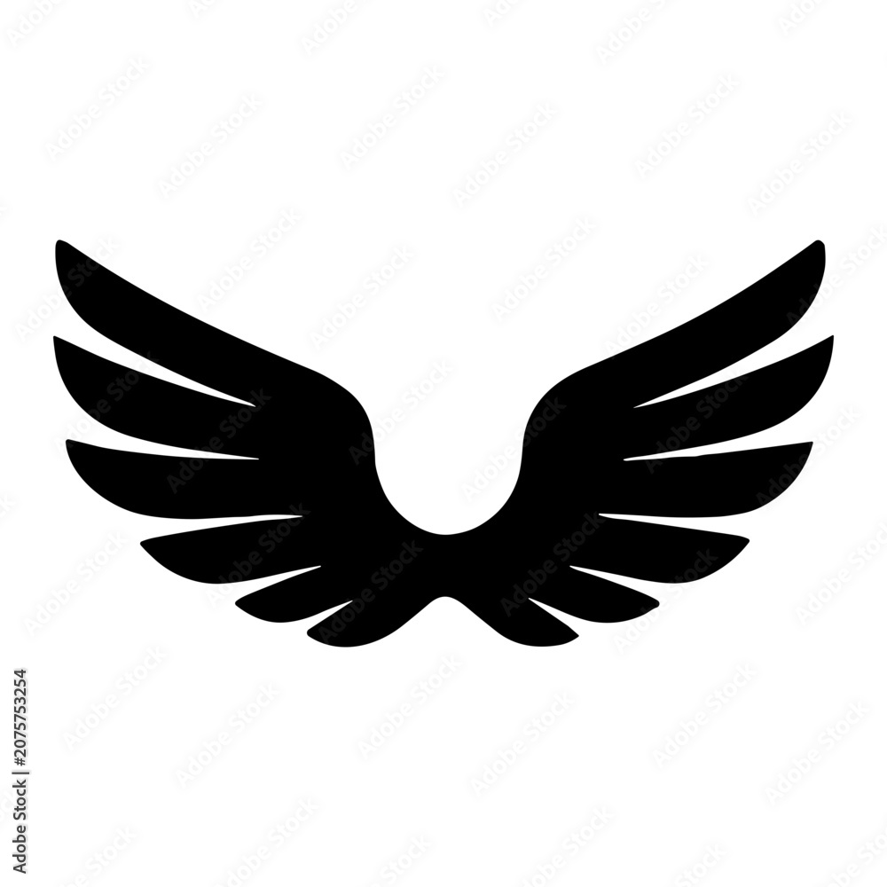 Fototapeta premium Symmetrical black wing silhouette graphic featuring stylized feather layers fanning outward from a notch on a white background, minimalist emblem suggesting flight and freedom.