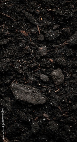 Extreme closeup of rich black organic soil, showing detailed texture suitable for gardening or agriculture background, pure, mineral, natural